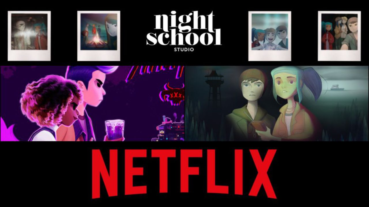 Λογότυπο του Night School Studio με εικόνες από παιχνίδια και το λογότυπο του Netflix.