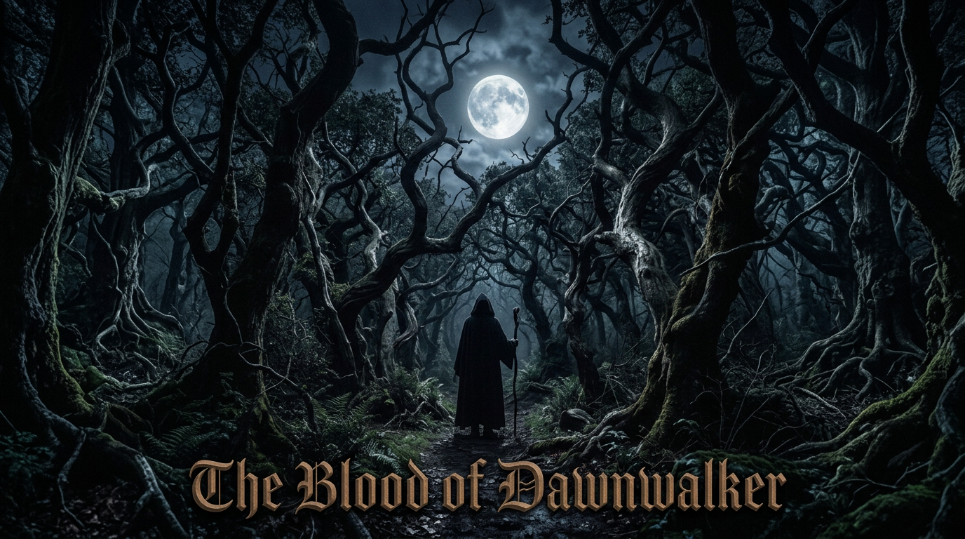 Hooded figure holding a staff on a forest path beneath a full moon