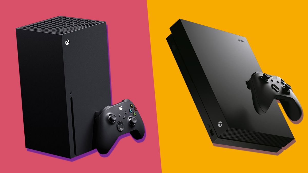 Δύο κονσόλες παιχνιδιών Xbox σε διαφορετικά σχέδια με ασύρματο χειριστήριο.